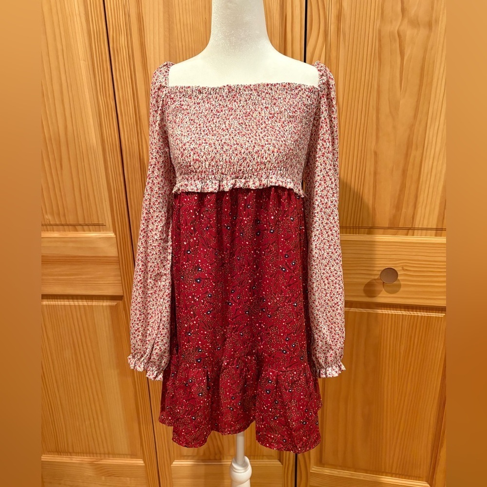Umgee Red Mix Floral Ruffle Dress Boho